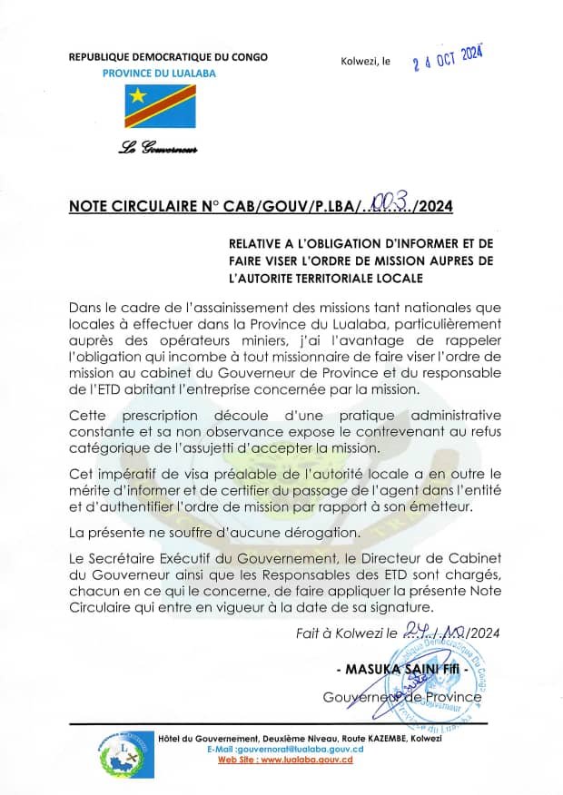 LUALABA : ASSAINISSEMENT DES MISSIONS DANS LA PROVINCE: DÉSORMAIS TOUS LES ORDRES DE MISSIONS  DEVRONS ETRE VISÉS.